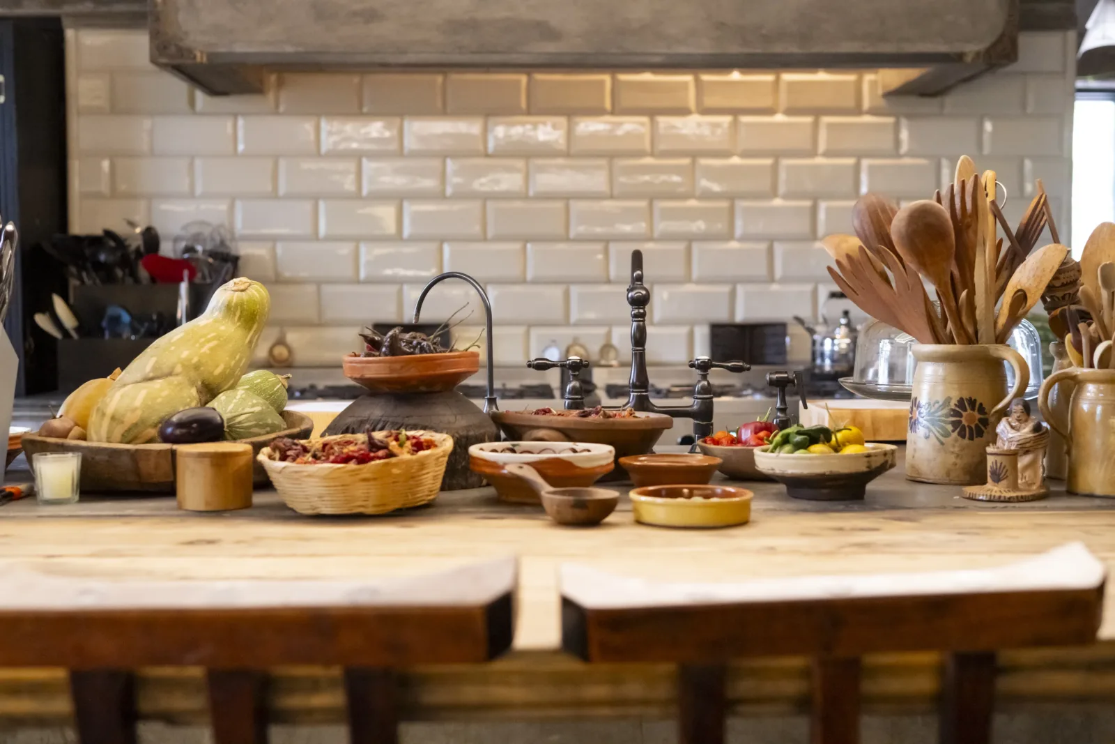 The kitchen counter, before one of the dinners.
